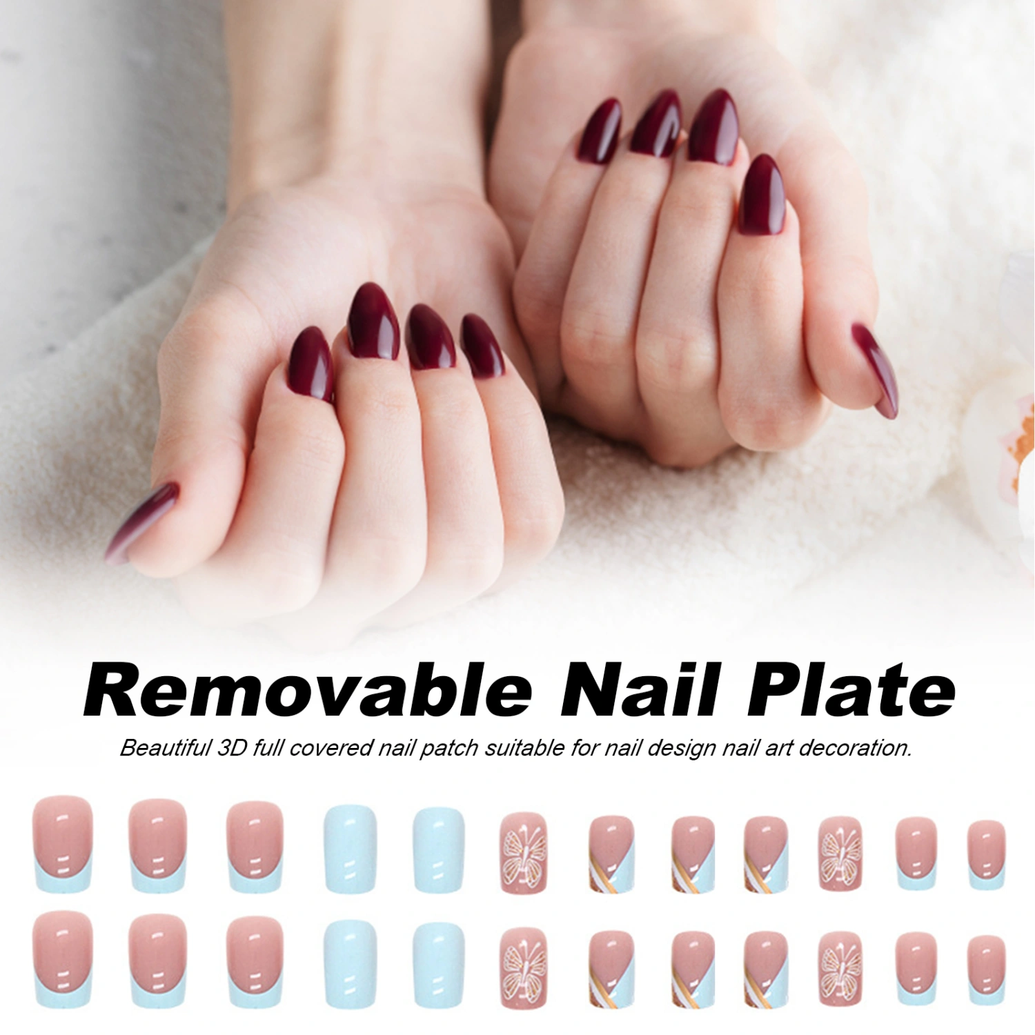 24Pcs Detachable Nails Light Blue French Golden Line Silhouette Nails Removable Long-Lasting Nail Art Stickers for DIY Nail Art at Home