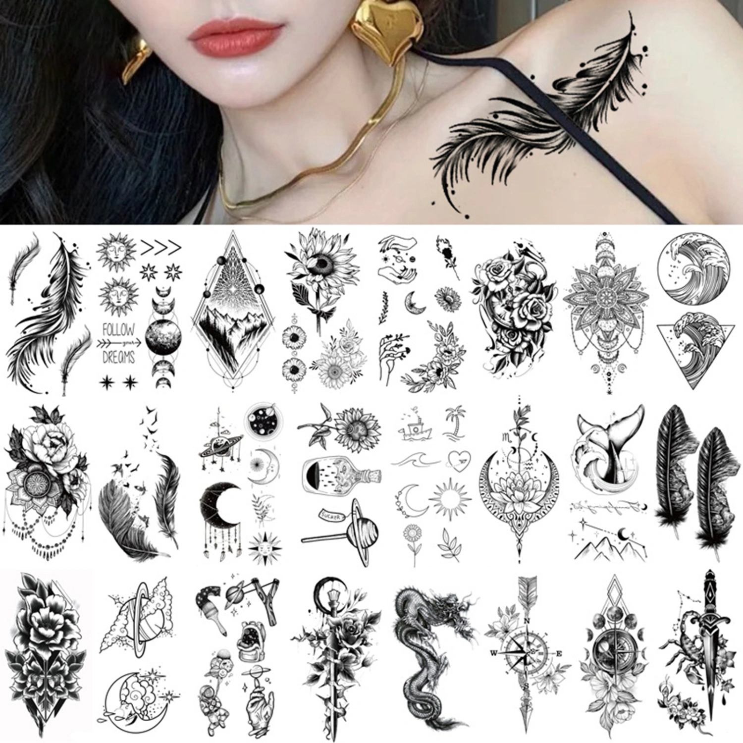 5Pcs Tattoo Sticker Removable Safe Non-blurred Black White Pattern Body Tattoo for Party 
