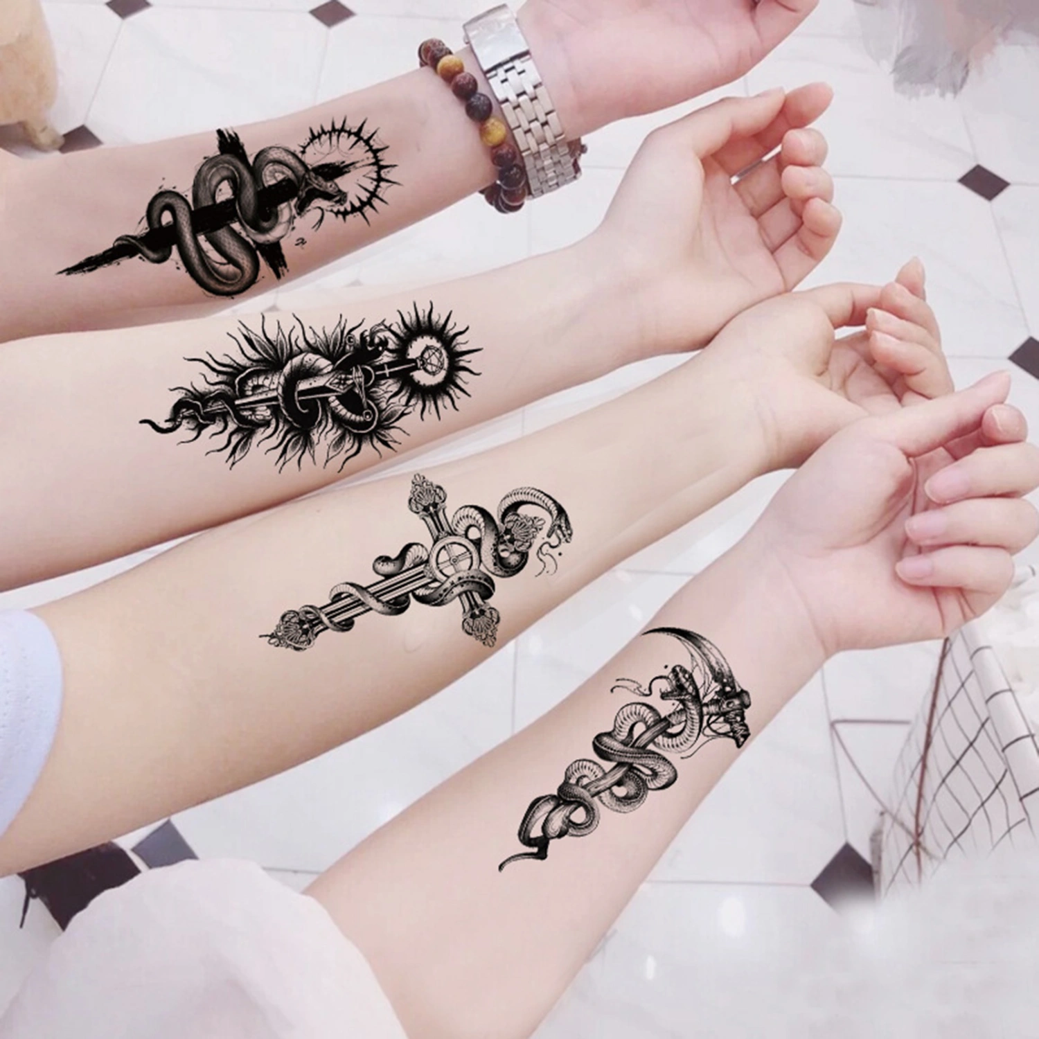 5Pcs Tattoo Sticker Removable Safe Non-blurred Black White Pattern Body Tattoo for Party 