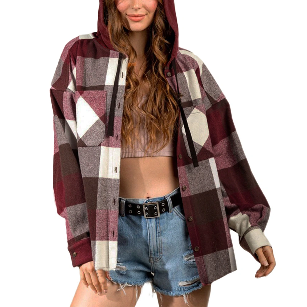 Women Plaid Jacket, Long Sleeve Hooded Button Closure Fall Tops Outwear for Casual Street