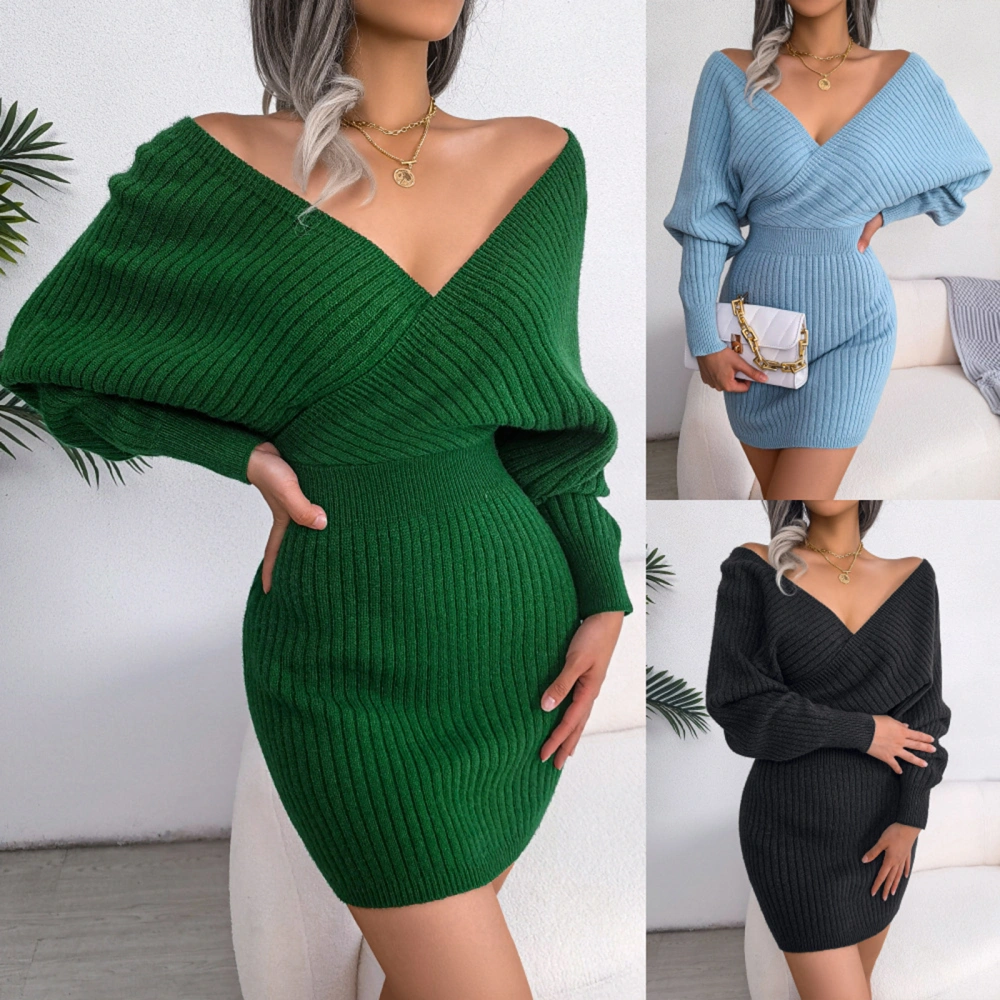 Women&acute;s Bodycon Dress, Cross V-Neck Dolman Long Sleeve Solid Color Mini Sweater Dresses