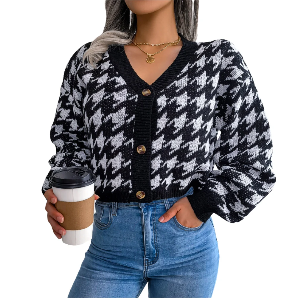 Ladies Autumn Single-breasted Knitwear, Women Houndstooth V-neck Puff Long Sleeve Short Sweater Coat Knitted Cardigan