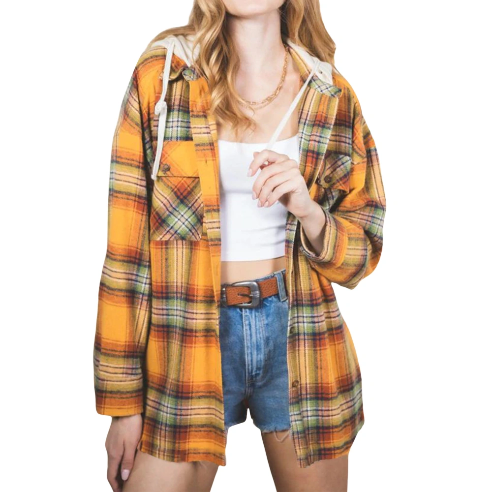 Women Plaid Shirt Jacket Casual Long Sleeve Button Down Hooded Woolen Coat Spring Fall Outwear