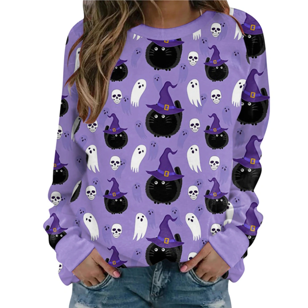 Women Fashion Wild Halloween Sweatshirts Skull Ghost Cat Pumpkin Print Round Neck Long Sleeve Pullovers Tops