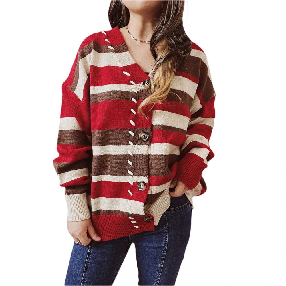 Women's Spring Autumn Casual Knitted Cardigan Long Sleeve V Neck Button Striped Sweater