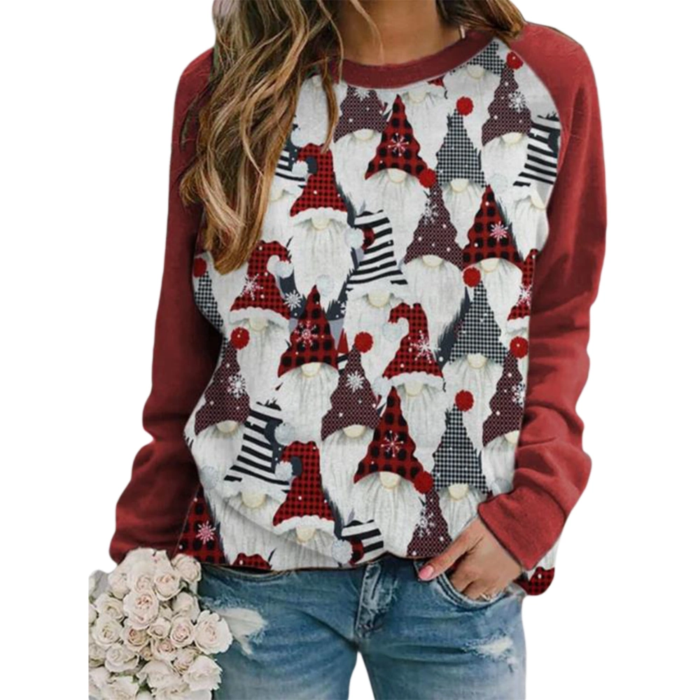 Women’s Autumn Loose Sweatshirt, Cartoon Santa Claus Print Long Sleeve Round Neck Tops for Christmas