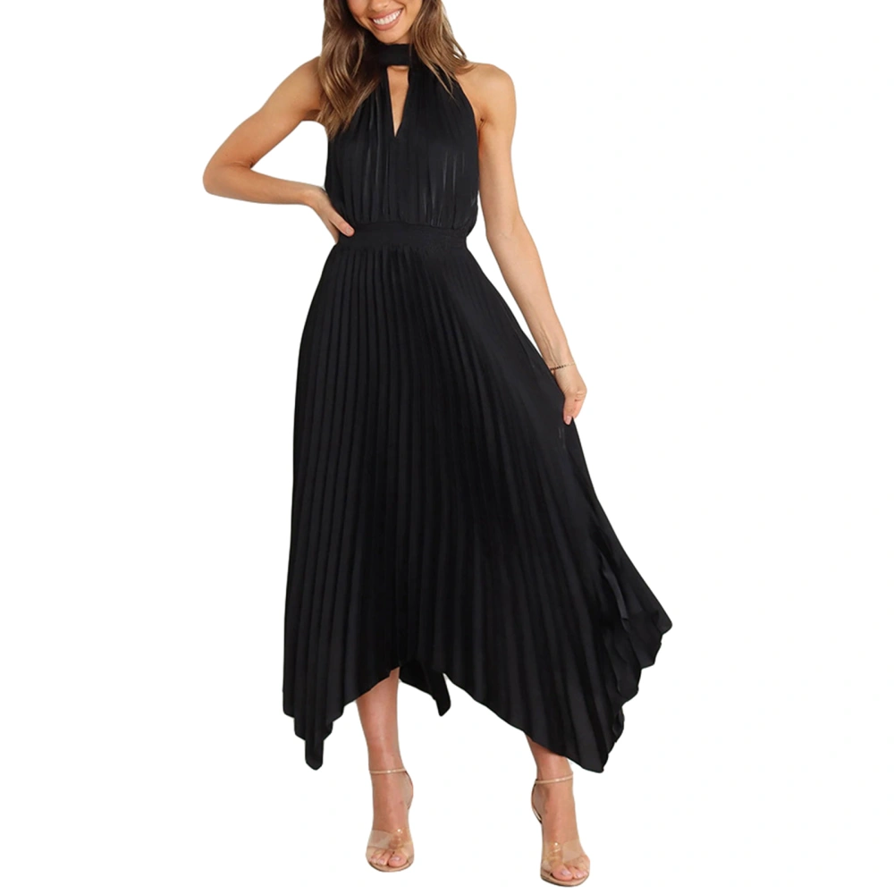 Women Summer Casual Midi Dress Solid Color Halter Neck Sleeveless Dress Fashion Irregular Hem Party Dress