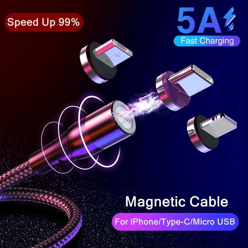 Braided 1m/2m Magnetic USB 5A Fast Charging Data Cable suitable for iPhone Android Type-C Micro USB Magnet Charger Mobile Phone Cable