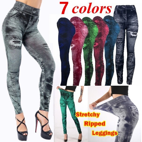 Women's Fashion Stretchy Skinny High Waist Leggings Fake Denim Jeans Slim Seamless Ripped Leggings Tights Pencil Pants