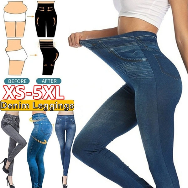 Skinny Leggings for Women Denim Jeans Look Pants with Pockets Slim Fit Totally Shaping Pull-on Jeggings Fitness Plus Size Leggings