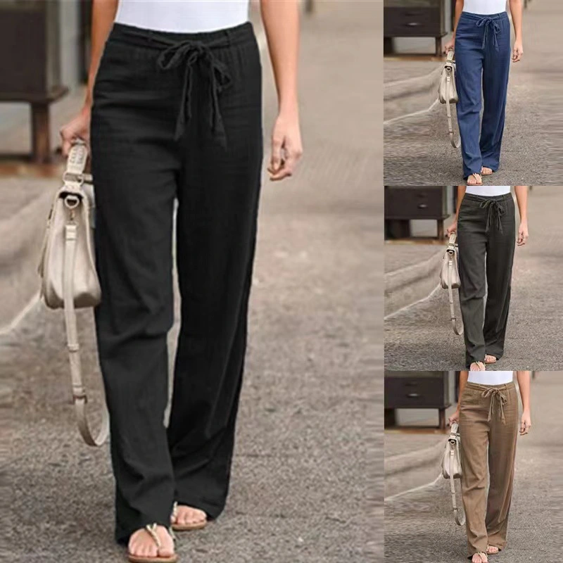 Women's Elastic Waist Tie Solid Color Trousers Cotton Linen Wide Leg Pants Vintage Casual Loose Straight Pants Plus Size XS-5XL