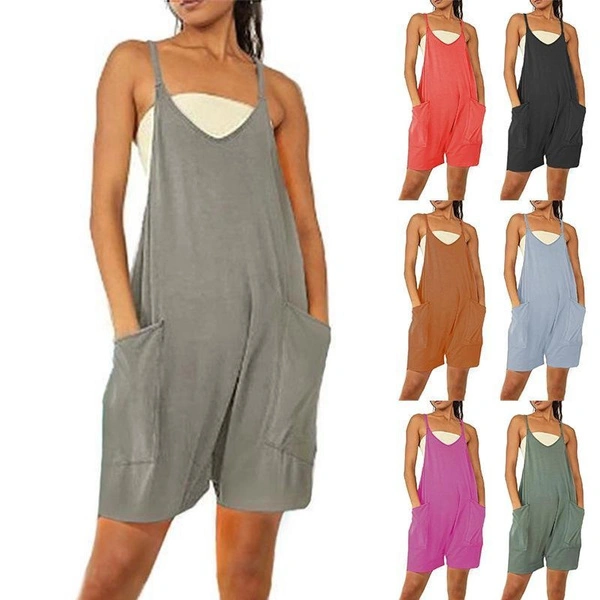 Plus Size Women's Sleeveless Short Jumpsuits Spaghetti Strap Loose with Pocket One Piece Rompers Casual Harem Shorts Oversized Overalls