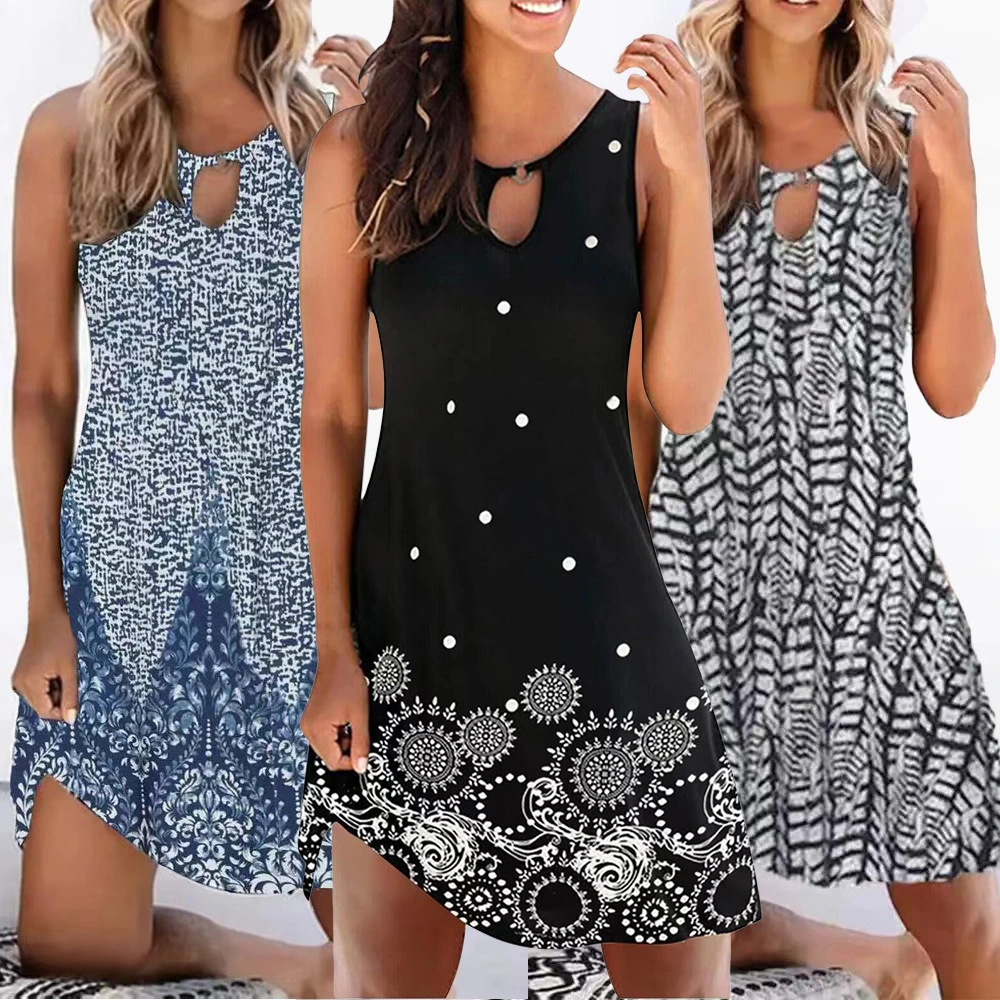 Women Summer Dresses Plus Size Fashion Clothes Sleeveless Dress Loose Tank Top Dresses Bohemian Style A-line Pleated Halter Dress Cotton O-neck Off Shoulder Dress Ladies Casual Beach Wear Party Mini Dresses