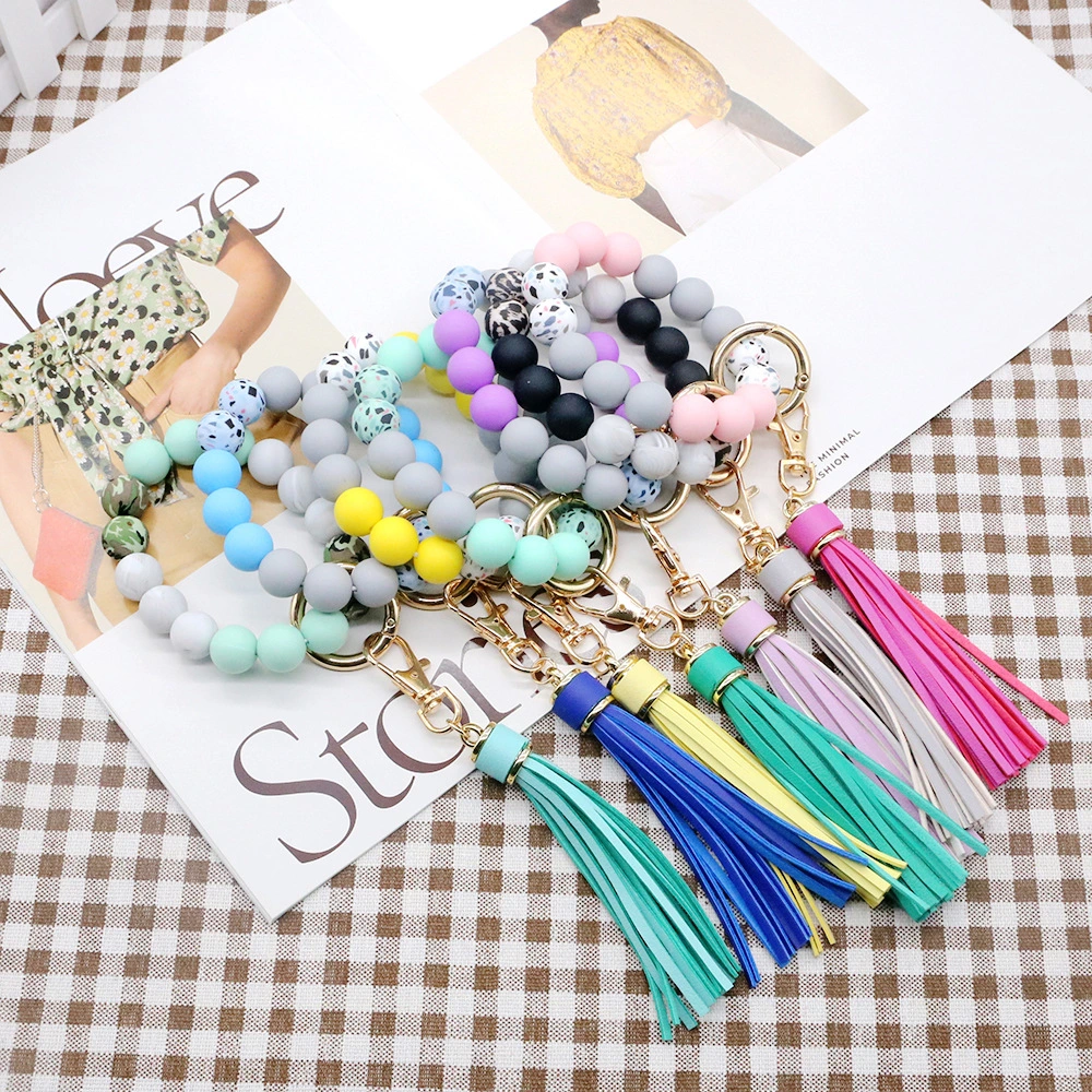 Tassel Camouflage Silicone Beads Bracelet Keychain