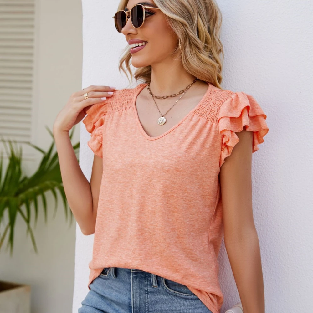 Women's Solid Color And V-neck Pleated Short Sleeves Loose Top