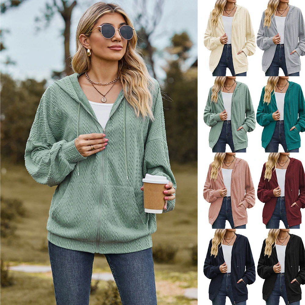 Women's Fashion Solid Color And V-neck Zipper Loose Sweater Coat