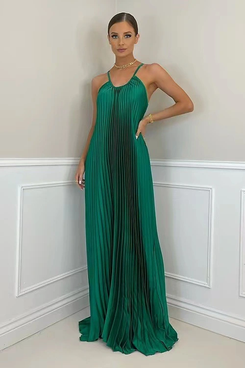 Holiday Banquet Simple Temperament Pleated Long Halter Dress