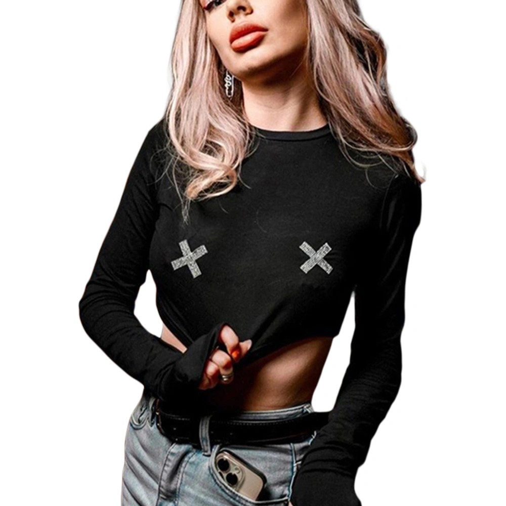 Women's Slim Cropped Tops Cross Rhinestone Long Sleeve Round Neck Show Navel T-shirt Clubwear for Spring Summer