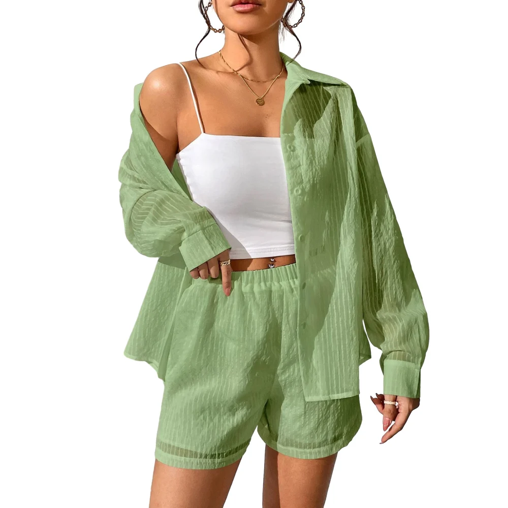 Women's Summer Loungewear Set, Solid Color Long Sleeve Shirt Tops + Elastic Waist Shorts 2 Pieces Sleepwear