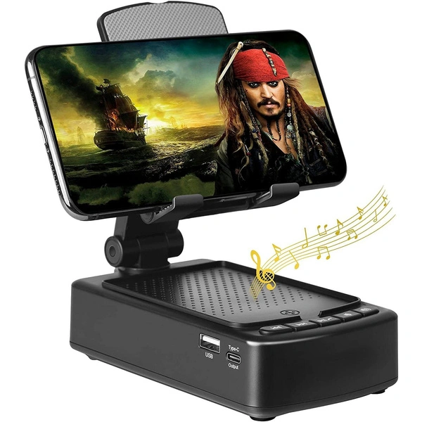 Cell Phone Stand with Bluetooth Speaker,Wireless Speaker with Anti-Slip Holder and Charging Station Compatible for Phone,Adjustable Angle and Height,Gifts for Men and Women