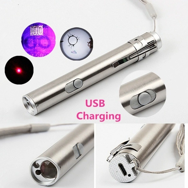 Multifunction 3 In1 Mini USB Flashlight Aluminium Alloy USB Rechargeable Laser Pointer Teach & UV Torch Pen & Flashlight Pocket Light Lamp