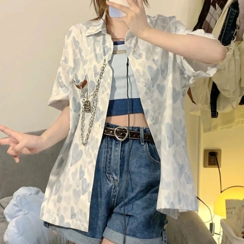 Harajuku Streetwear Vintage Heart-shaped Printing Design Short Sleeve Casual Loose Chain Single Breasted Oversized Blouses Shirt