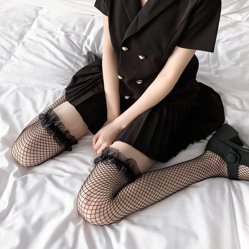 Women Sexy Exotic Lace Fishnet Body Stockings Mesh Transparent Thigh High Over The Knee Socks Nylon Long Socks Sheer Hosiery