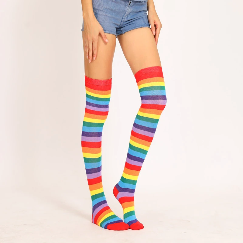 Women's Stockings Cotton Striped Rainbow Long Socks Sexy Knee High Socks Harajuku Lolita Cosplay Happy Funny