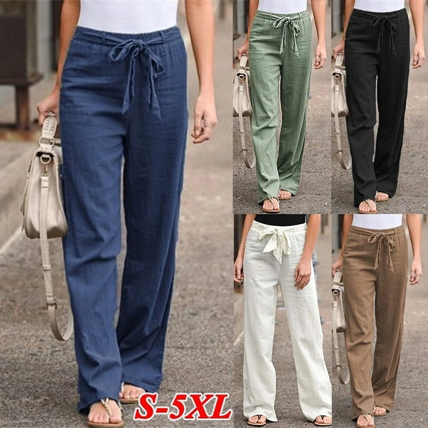 Women's Elastic Waist Solid Color Wide Leg Pants Loose Yoga Pants Ladies Retro Cotton Linen Straight Leg Pants Plus Size S-5XL