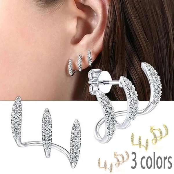 Women Birthday Gift Earrings Fashion Exquisite and Fashionable Earrings 925 Sterling Silver Diamond Inlaid Advanced Design Earrings Three-layer Arc Earrings Luxury