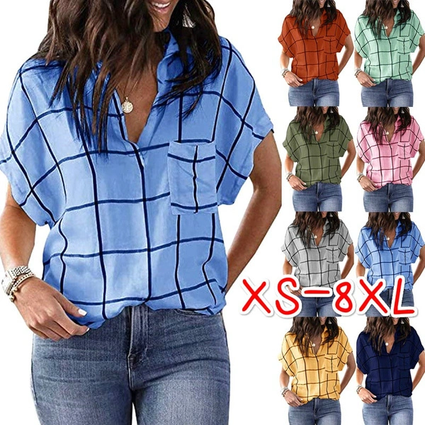 XS-8XL Summer Tops Plus Size Fashion Clothes Women's Casual Short Sleeve Tee Shirts V-neck Blouses Ladies Printed Checked Shirts Turn Down Collar Loose T-shirts