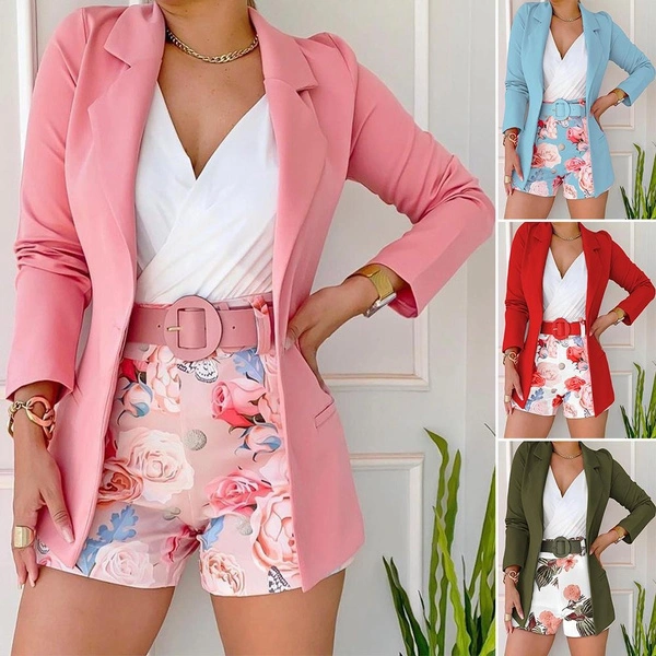 New Women's Small Suit Two-piece Fashion Office Business Suit Casual Print Long-sleeved Suit Jacket + Shorts 2-piece Set