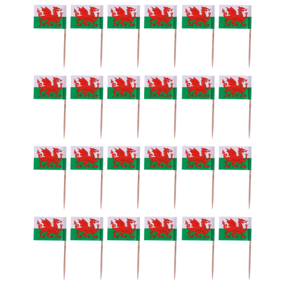 100pcs Wooden Flag Toothpicks National Day Decoration Cupcake Toppers Food Toothpick (Welsh)