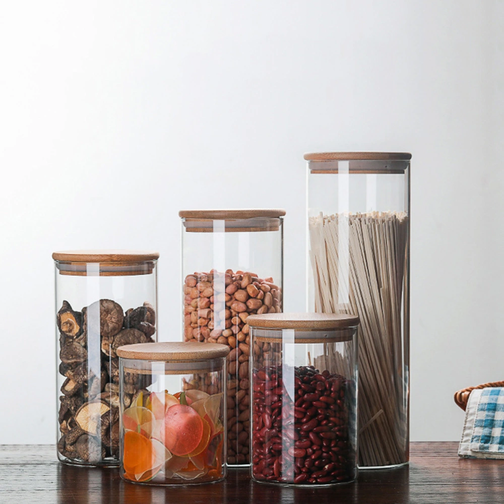 175ml Clear Glass Jar Sealed Canister Food Storage Container for Loose Tea Coffee Bean Sugar Salt (6.5*8CM, with Bamboo Lid)