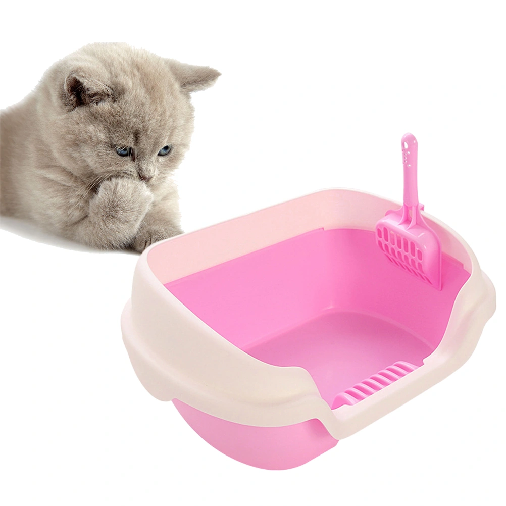 Semi-Enclosed Cat Litter Box Practical Cat Cleaning Bath Basin Plastic Cat Toilet (Pink, Size M)