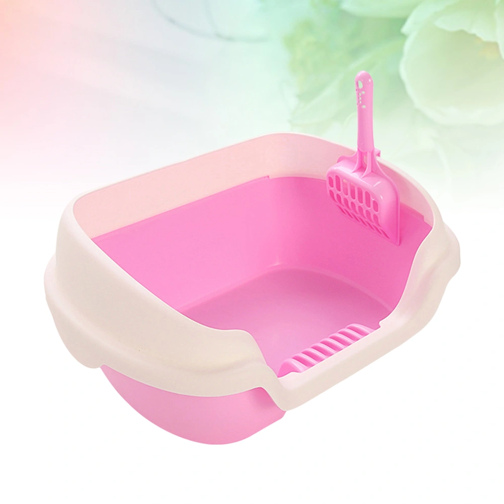 Semi-Enclosed Cat Litter Box Practical Cat Cleaning Bath Basin Plastic Cat Toilet (Pink, Size M)