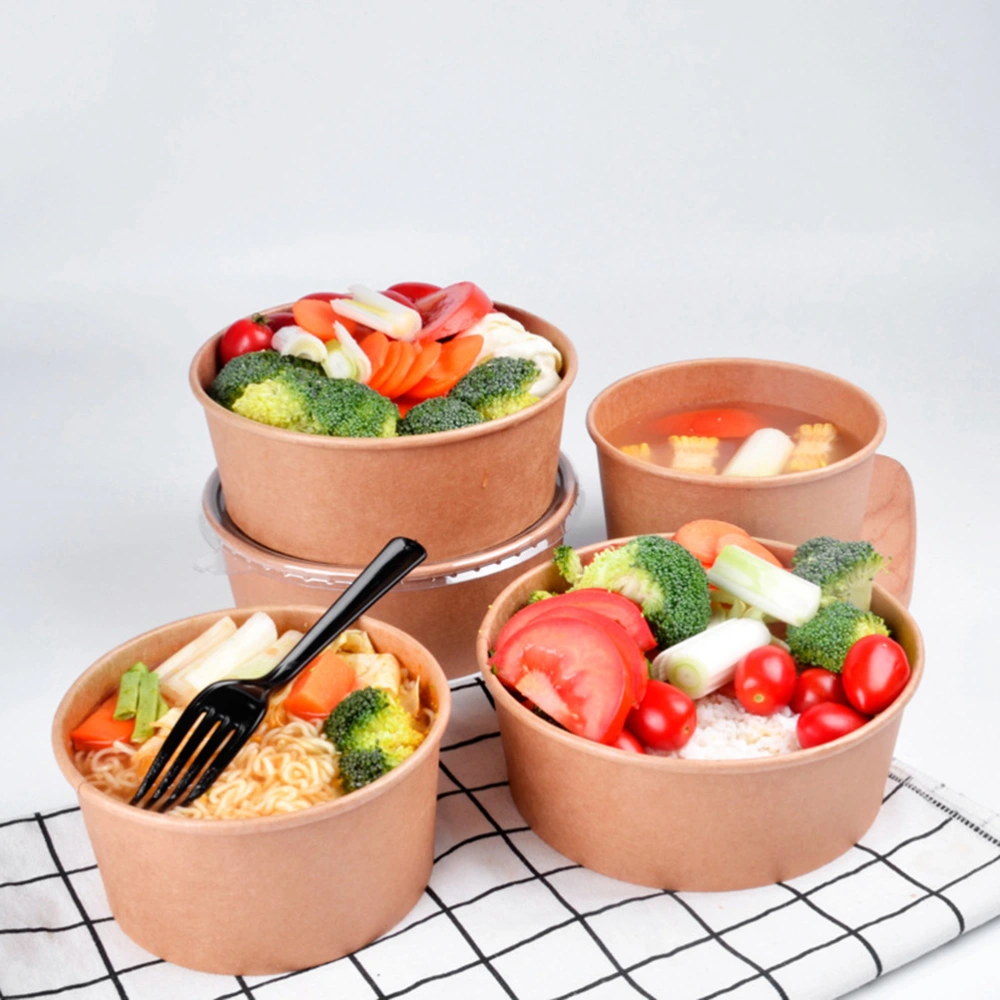 20pcs Disposable Kraft Paper Bowls Fruit Salad Bowl Food Packaging Containers Party Favor (26oz, with Lid)