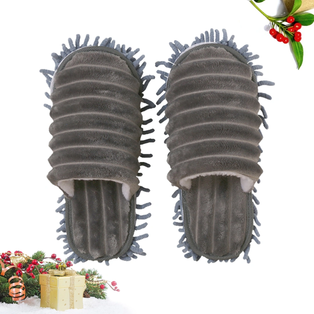 1 Pair Furry Stripes Floor Cleaning Slippers Detachable Bottom Mopping Slipper - Size M 38-41 (Grey)