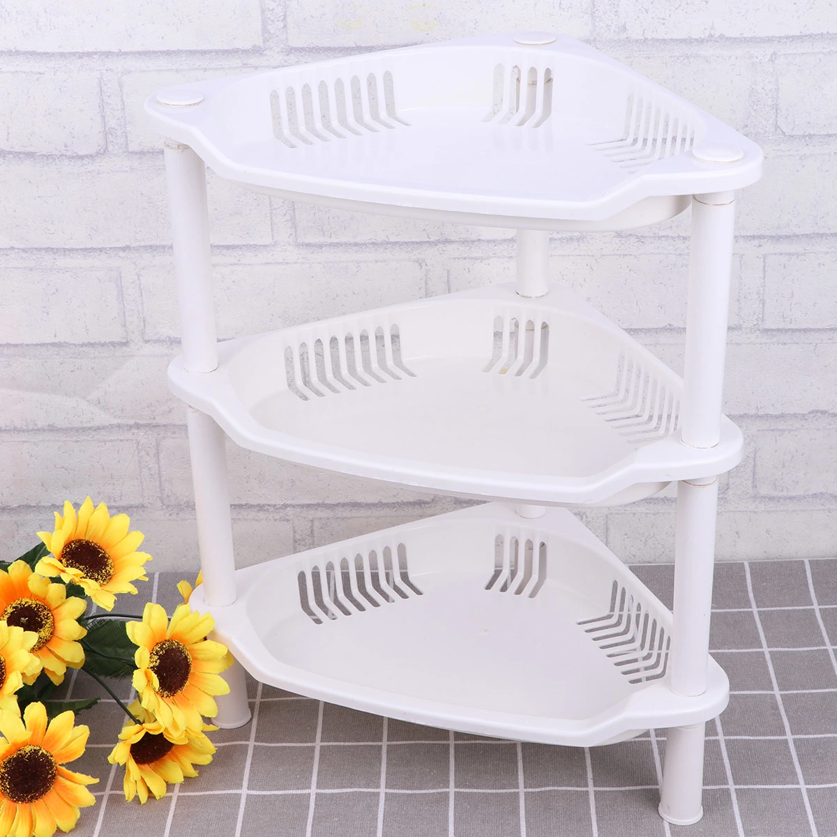 3 Layer Plastic Small Storage Shelves Plastic Basket Corner Shelf Organizer Desk Stand Rack Bathroom Shelves for Home Household Kitchen(White)