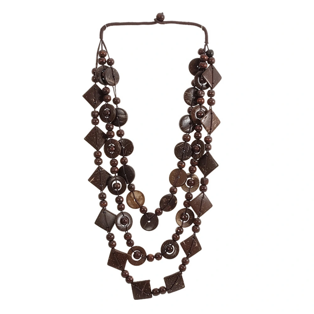 Women Retro Bohemia Style Necklace Coconut Shell Hand-knitted Wooden Beads Beach Fashion Jewelry Pendant Charm for Ladies and Girls (Brown)