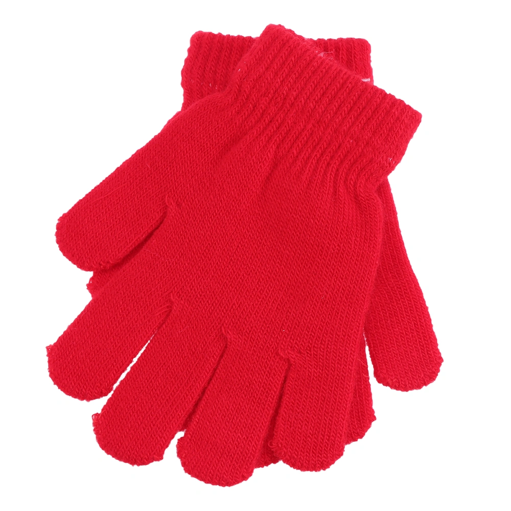 Children's Gloves Autumn and Winter Models Knitted Solid Color Five Fingers Warm Gloves 4-12 Years Old (Red)