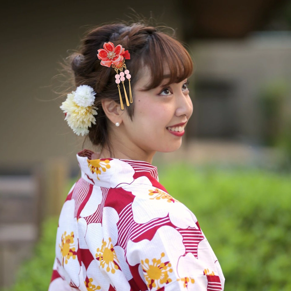 Japanese Style Hair Clips Handmade Hair Flower Shaped Barrette Women Headdress Kimono Accessories Red