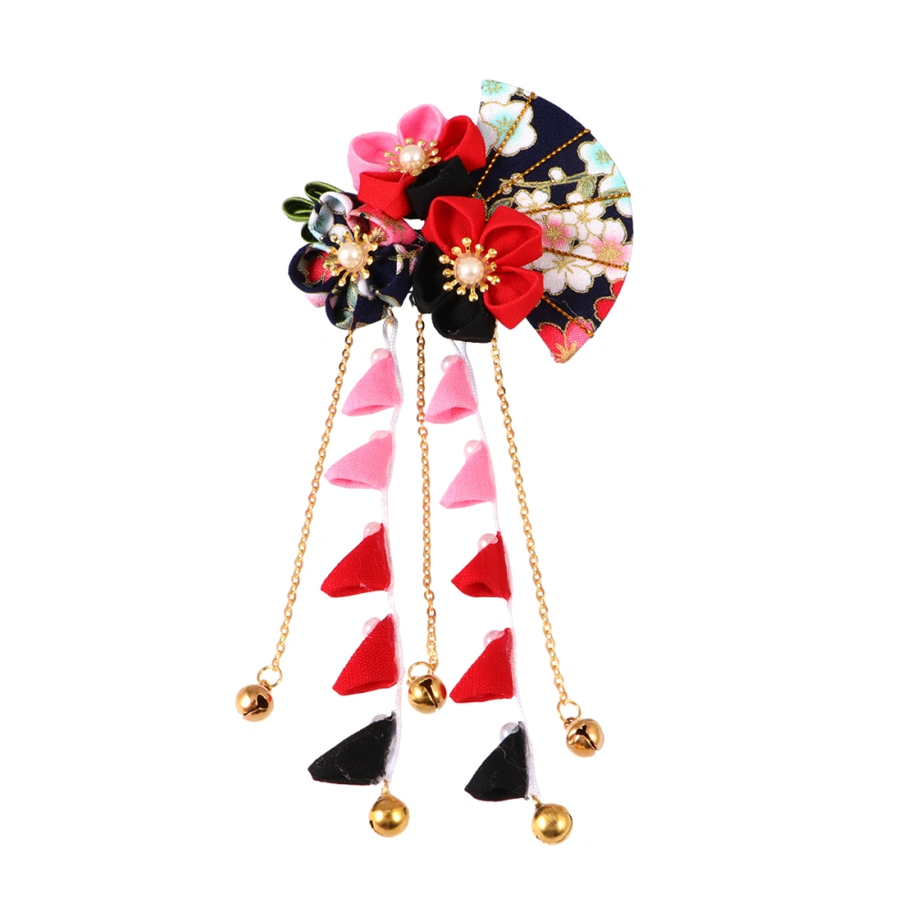 1pc Japanese Style Hairpin Long Tassel Hair Clip Classical Bridal Headdress Wedding Hair Decoration for Women Black and Red Random Fan