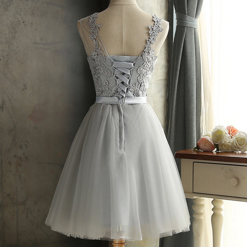 Lace Bridesmaid Party Dress Short Prom Dress Evening Dress Slim Bridesmaid Dress Wedding Pageant Dresses (Grey, Size L)