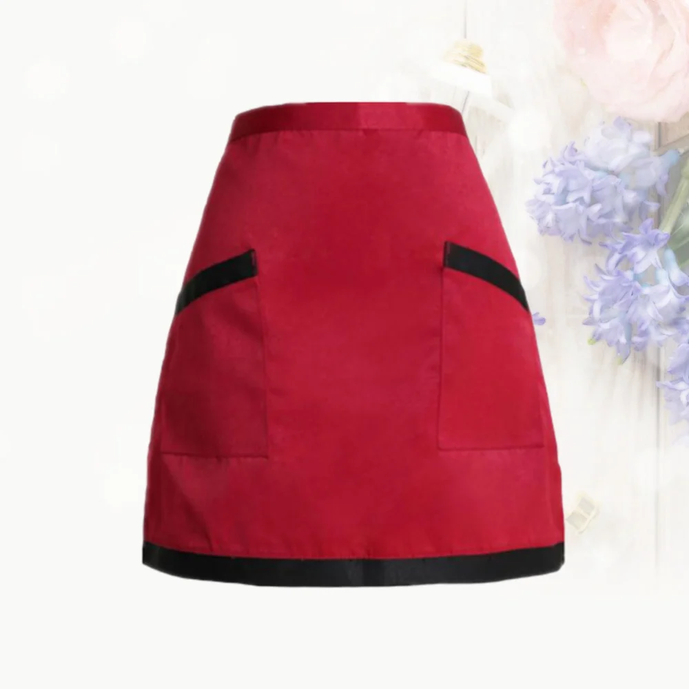 Unisex Half-length Working Apron Waist Apron Short Serving Aprons with Pockets Waiter Workwear Free Size(Red and Black Rim )