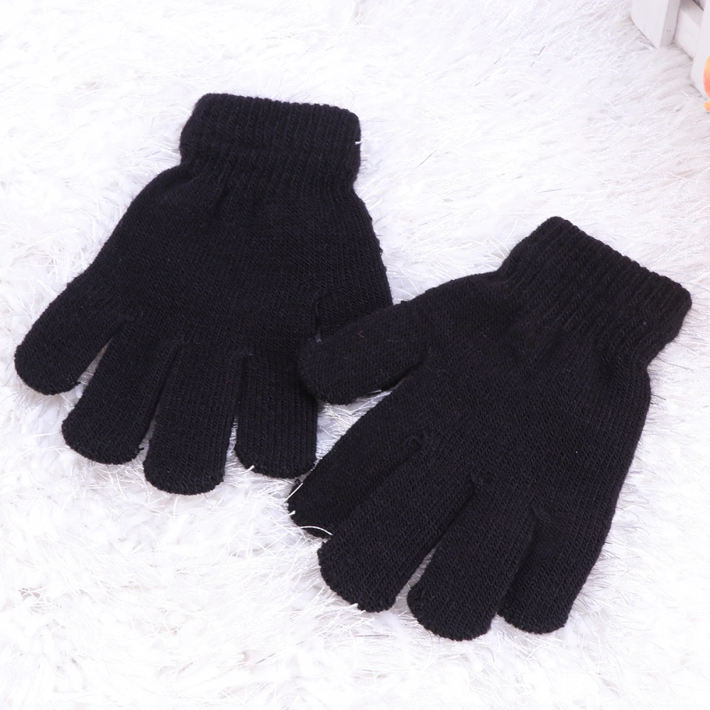 Children's Gloves Autumn and Winter Models Knitted Solid Color Five Fingers Warm Gloves 4-12 Years Old (Black)