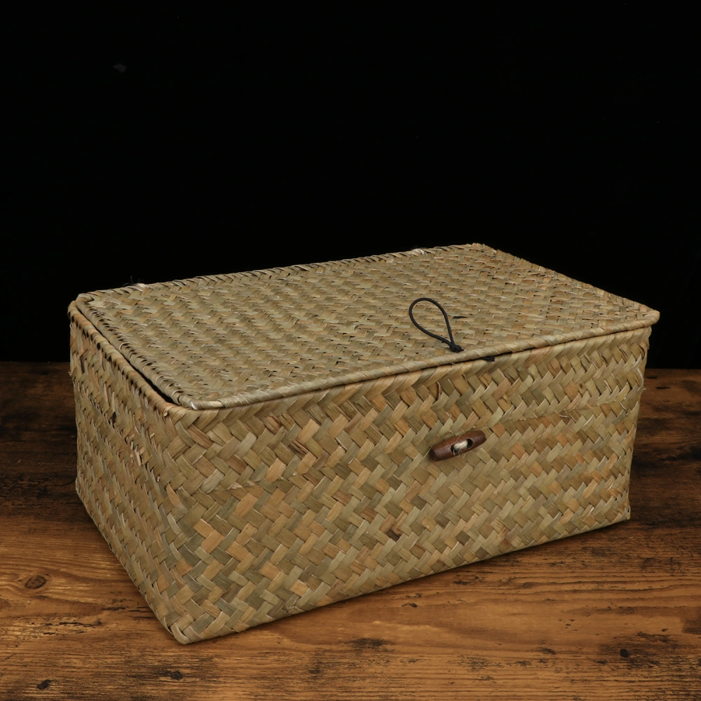 Straw Basket with Lid Rattan Woven Basket Desktop Clothes Sundries Storage Box for Bedroom Home Decor (L)