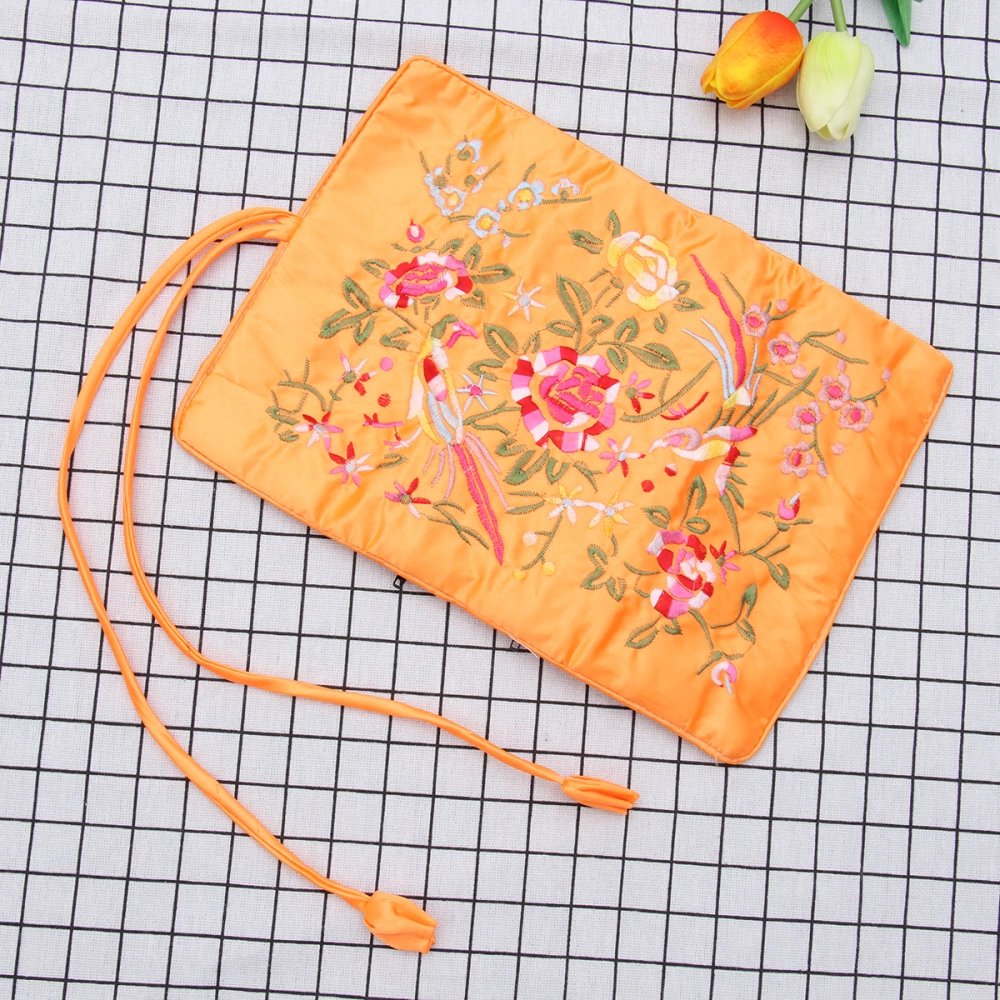 Handmade Embroider Flower Jewellery Roll Bag Embroidered Cosmetic Storage Pouch Brocade Makeup Organizer with Tie Close for Travel (Orange)