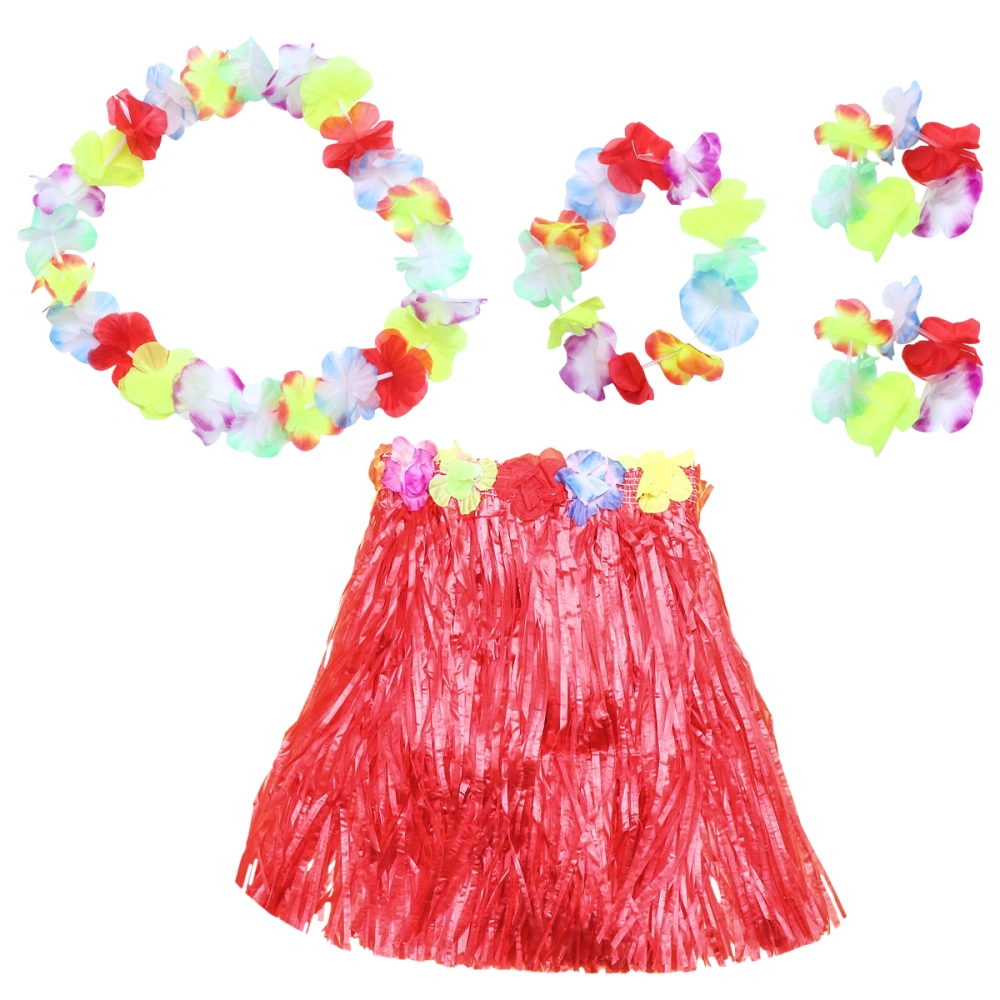 Hawaiian Style Skirt Set Simulation Flower Headdress Bracelets Hanging Garland Party Costume Accessories (Red)