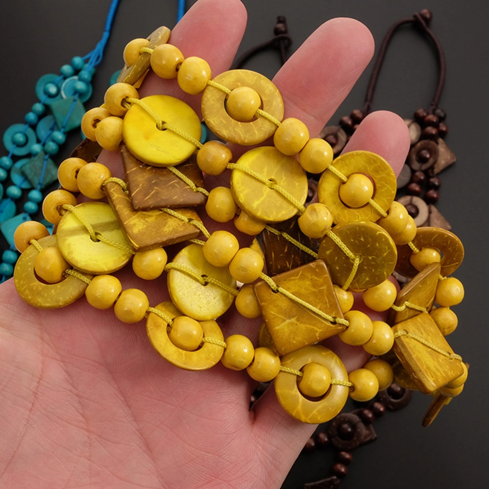 Women Retro Bohemia Style Necklace Coconut Shell Hand-knitted Wooden Beads Beach Fashion Jewelry Pendant Charm for Ladies and Girls (Yellow)